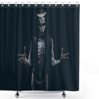 Personality  A Young Woman In The Image Of A Humanoid And Extraterrestrial Alien With Horns On Her Head And A Pattern On The Body Like A Reptile. Shower Curtains