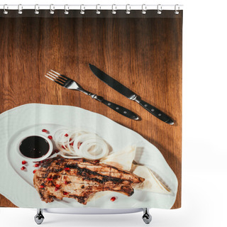 Personality  Grilled Steak On Plate With Onion Rings And Saucer With Sauce Over Wooden Surface  With Fork And Knife  Shower Curtains
