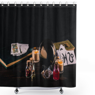 Personality  KYIV, UKRAINE - JANUARY 9, 2020: Selective Focus Of Tarot Cards And Crystal Ball With Occult Objects On Wooden And Black Background Shower Curtains