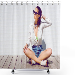 Personality  Brunette Woman Posing On Wooden Floor Shower Curtains