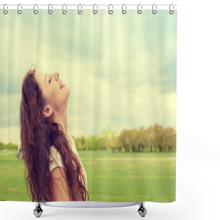 Personality   Woman Smiling Looking Up To Blue Sky Celebrating Enjoying Freedom Shower Curtains