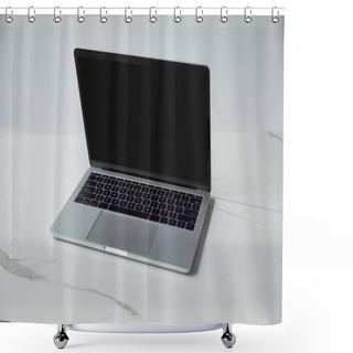 Personality  Laptop With Blank Screen And Black Keyboard On White Marble Surface Isolated On Grey Shower Curtains