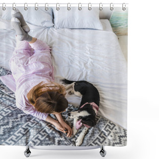 Personality  Overhead View Of Woman In Pajamas Lying On Bed Together With Cute Puppy Shower Curtains