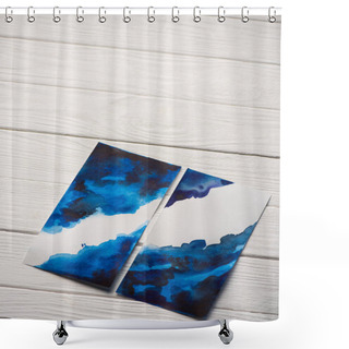 Personality  High Angle View Of Paper With Japanese Painting With Bright Blue Watercolor On Wooden Surface Shower Curtains