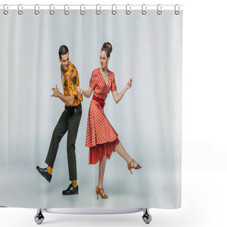 Personality  Young Dancers Holding Hands While Dancing Boogie-woogie On Grey Background Shower Curtains