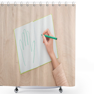 Personality  Cropped View Of Female Hand On Opened Notebook Near Drawn Human Palm Shower Curtains