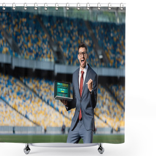 Personality  Happy Young Businessman In Suit Holding Laptop With Sports Betting Website And Showing Yes Gesture At Stadium Shower Curtains