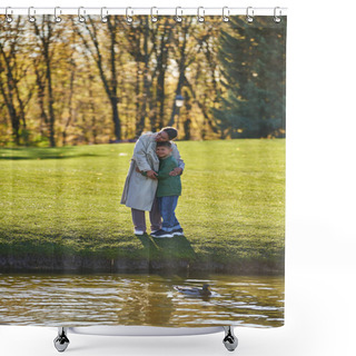 Personality  Happy African American Mother And Son Hugging Near Lake, Duck, Woman And Boy In Outerwear, Nature Shower Curtains