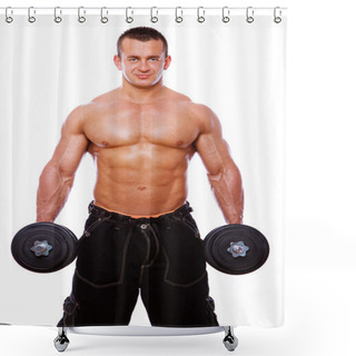Personality  Portrait Of Strong Man Posing In Gym With Dumbbels Shower Curtains