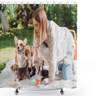 Personality  Attractive Blonde Girl Sitting On White Blanket In Garden With Cute Welsh Corgi Puppies And Dog Shower Curtains