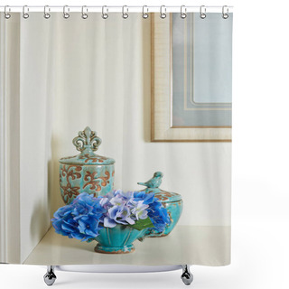 Personality   Picture Frame And Turquoise Set With Flowers On Surface  Shower Curtains