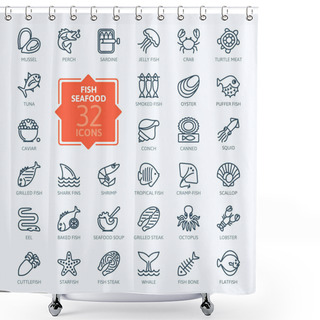 Personality  Fish And Seafood - Outline Icon Collection, Vector Shower Curtains