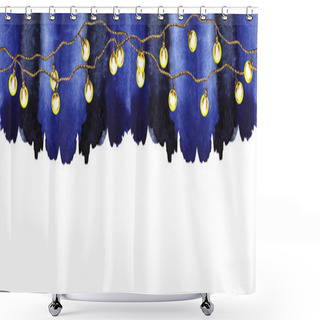 Personality  Seamless Border Of Vintage Garland With Yellow Electric Lighting Lamps On Dark Blue Background. Watercolor Hand Painted Isolated Elements On White Background. Christmas, New Year Party Design. Shower Curtains