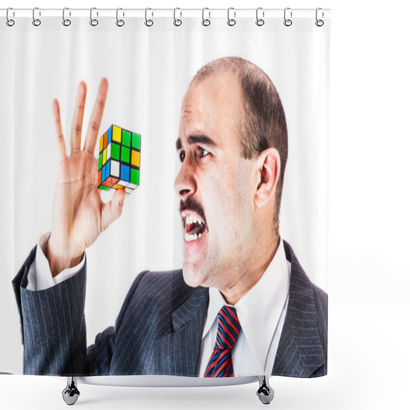 Personality  businessman trying to solve a cube puzzle shower curtains