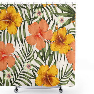 Personality  Hibiscus Pink Yellow Palm Leaves Green Seamless Pattern Shower Curtains
