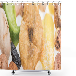Personality  Close Up View Of Turkish Assorted Nuts, Dried Fruits And Candied Fruit Isolated On White, Panoramic Shot Shower Curtains
