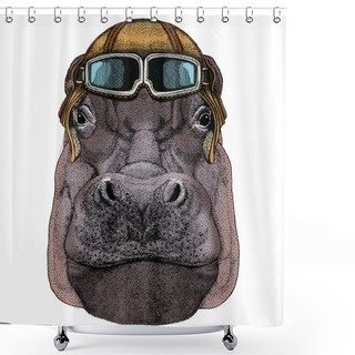 Personality  Portrait Of Hippopotamus, Hippo. Wild African Animal. Vintage Aviator Helmet With Googles. Shower Curtains