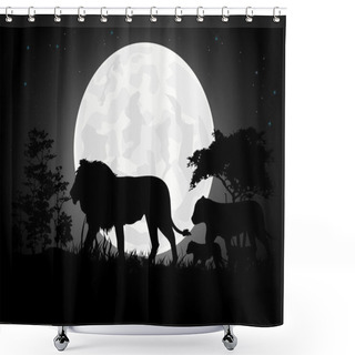 Personality  Beautiful Lion Family Silhouettes With Giant Moon Background Shower Curtains