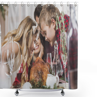 Personality  Happy Siblings At Holiday Table   Shower Curtains