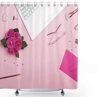 Personality  Laptop, Roses, Small Papr Hearts And Other Accessories On The Pink Background, Top View Shower Curtains