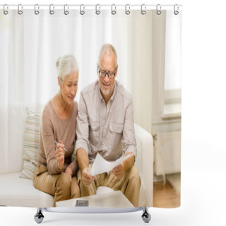 Personality  Senior Couple With Papers And Calculator At Home Shower Curtains