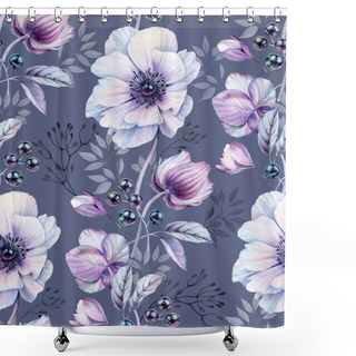 Personality  Watercolor Anemones Seamless Pattern. Hand-painted Floral Surface Design With Bouquets And Black Pearls. Magenta Flowers On Dark Grey Background For Wedding Stationery, Textile, Wallpapers Shower Curtains