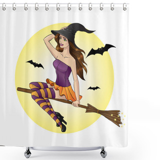 Personality  Vector Illustration Of Halloween Witch Flying On Broom Shower Curtains