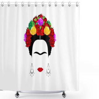 Personality  Frida Kahlo , Portrait Of Mexican Or Spanish Woman With Crown Of Colorful Flowers, Mexican Tradition, Vector Isolated Shower Curtains