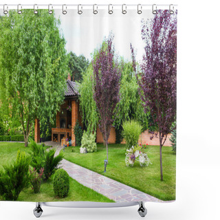 Personality  Landscape With Beautiful Green Garden And Gazebo On Summer Day Shower Curtains