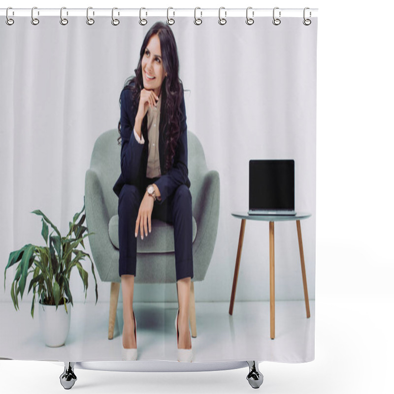 Personality  businesswoman sitting in armchair shower curtains