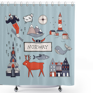Personality  Norway Culture Elements Set. Travel Scandinavia Concept Shower Curtains