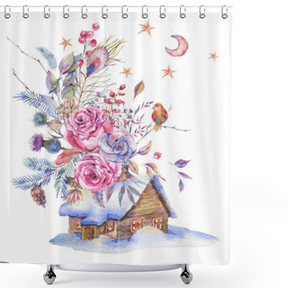 Personality  Watercolor Floral Greeting Card With House And Vintage Roses, Shower Curtains