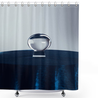 Personality  Crystal Ball On Round Table With Dark Blue Tablecloth On Grey Background Shower Curtains