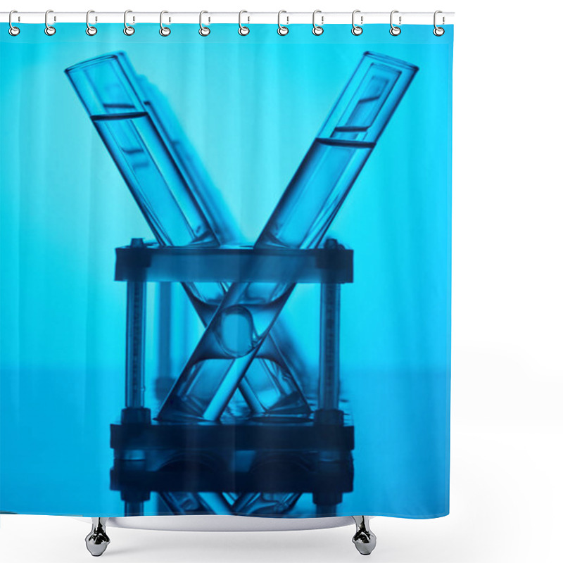 Personality  Rows Of Glass Tubes With Liquid On Stand On Blue Shower Curtains