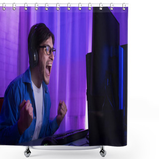 Personality  Gamer At Computer Winning Gaming Tournament Shouting Celebrating Victory Indoor Shower Curtains