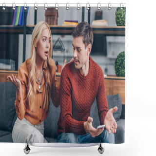 Personality  Emotional Upset Couple Sitting On Couch And Quarreling About Smartphone, Mistrust Concept Shower Curtains