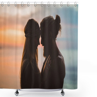 Personality  Couple In Love At Sunset On The Ocean. Mixed Couple. Shower Curtains
