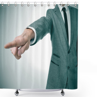 Personality  Man In Suit Pointing With The Finger The Way Out Shower Curtains