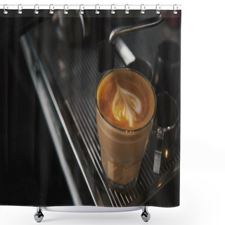 Personality  Close-up View Of Glass Cup With Cappuccino And Coffee Machine  Shower Curtains