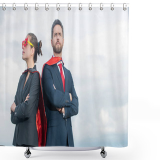 Personality  Business Couple In Superhero Suit On Sky Background. Motivation. Shower Curtains