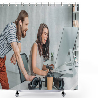 Personality  Happy Art Editors Smiling Near Computer Monitor  Shower Curtains