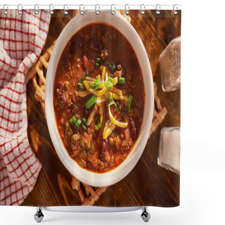 Personality  Bowl Of Chili With Cheese And Green Onions Shower Curtains