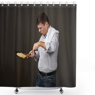 Personality  Man Posing With A Pancake In A Pan, White Shirt And Pants, Gray Background, Surprised Emotions Shower Curtains