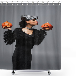 Personality  Stylish African American Woman In Wolf Halloween Mask Holding Carved Pumpkins And Blowing Air Kiss Isolated On Grey Shower Curtains