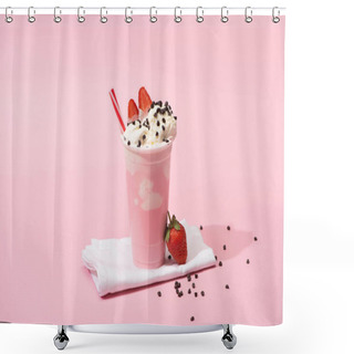 Personality  Disposable Cup Of Milkshake With Drinking Straw, Chocolate Chips And Strawberries On Napkins On Pink Background Shower Curtains