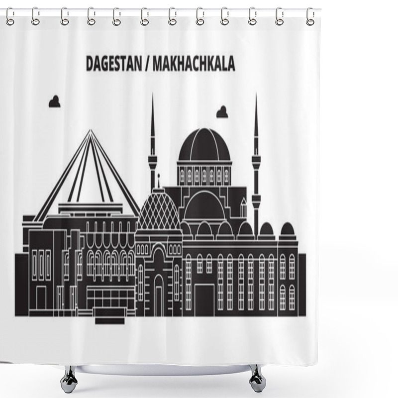 Personality  Russia, Dagestan, Makhachkala. City Skyline: Architecture, Buildings, Streets, Silhouette, Landscape, Panorama. Flat Line, Vector Illustration. Russia, Dagestan, Makhachkala Outline Design. Shower Curtains