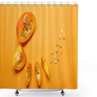 Personality  Top View Of Ripe Sliced Pumpkin With Seeds On Orange Background  Shower Curtains