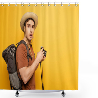Personality  Shocked Traveler In Hat With Backpack Holding Photo Camera On Yellow Shower Curtains