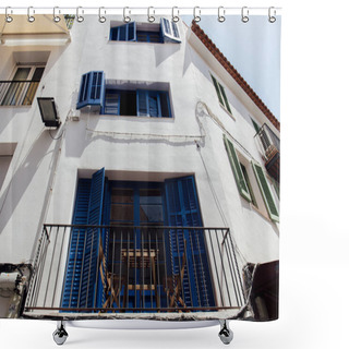 Personality  Low Angle View Of Table And Chairs On House Balcony In Catalonia, Spain  Shower Curtains