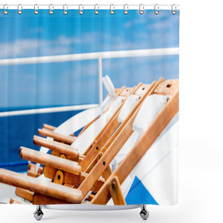 Personality  Wooden Loungers On Blue Sky Background Shower Curtains